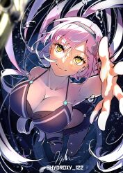 1girl black_skirt breasts collarbone diving glasses green_eyes grey_hair hair_ornament heaven_burns_red highres hydroxy_122 izumi_yuki_(heaven_burns_red) large_breasts long_hair multiple_girls round_eyewear skirt smile solo swimsuit