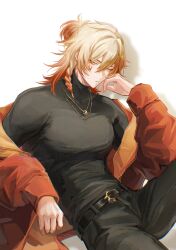 1boy absurdres alternate_costume belt black_belt black_pants black_shirt blonde_hair braid brown_jacket commentary_request facial_tattoo gold_necklace gradient_hair hair_between_eyes head_rest highres honkai:_star_rail honkai_(series) jacket jewelry looking_at_viewer male_focus medium_hair mimisuke37 multicolored_hair mydei_(honkai:_star_rail) necklace open_clothes open_jacket pants red_hair red_tattoo shadow shirt side_braid simple_background sitting solo tattoo turtleneck watermark white_background yellow_eyes