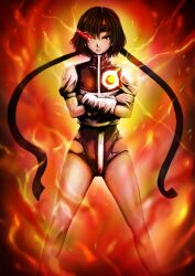 1girl brown_hair commentary_request crossed_arms fire gunbuster_pose headband highres leotard looking_at_viewer serious short_hair solo takaya_noriko top_wo_nerae! top_wo_nerae!_(series) yamada_satoshi