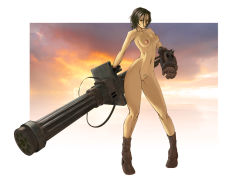 1girl black_eyes black_hair boots breasts female_focus gatling_gun gun irving-zero mechanical_arms medium_breasts minigun navel nipples nude original pussy short_hair single_mechanical_arm solo tattoo weapon