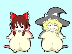 Rule 34 | 2girls, :&lt;, :3, animal costume, animated, audible music, audible speech, bow, braid, chibi, dancing, grin, hair bow, hair tubes, hakurei reimu, hamster, hamster dance, happy, hat, kentairui, kirisame marisa, multiple girls, music, shoujo kitou-chuu, smile, sound, touhou, video, walking, witch hat
