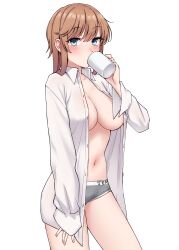1girl absurdres blue_eyes blush breasts brown_hair clothes_writing coffee_mug commentary_request covered_erect_nipples cowboy_shot cup drinking grey_panties highres holding holding_cup kantai_collection kiritto long_hair long_sleeves looking_at_viewer mug navel no_bra open_clothes open_shirt panties simple_background solo teruzuki_(kancolle) underwear white_background