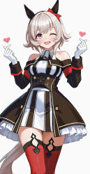 1girl :d animal_ears bare_shoulders black_dress black_hairband blush border bow breasts commentary_request cowboy_shot curren_chan_(umamusume) double_finger_heart dress ear_bow ear_covers finger_heart finger_to_mouth fuji_noriho gloves grey_hair hair_between_eyes hairband heart highres horse_ears horse_girl horse_tail long_sleeves looking_at_viewer medium_breasts off-shoulder_dress off_shoulder one_eye_closed open_mouth purple_eyes red_bow red_thighhighs short_hair simple_background smile solo striped_clothes striped_dress tail thighhighs umamusume white_dress white_gloves
