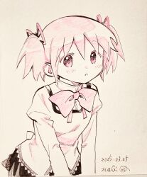 1girl :o back_bow black_skirt bow bowtie collared_shirt cowboy_shot dated dot_nose expressionless hair_between_eyes hair_ribbon high_collar highres juliet_sleeves kaname_madoka lace lace-trimmed_shirt lace_trim leaning_forward light_blush long_sleeves looking_at_viewer mahou_shoujo_madoka_magica mahou_shoujo_madoka_magica_(anime) miniskirt mitakihara_school_uniform no+bi= parted_lips photo_(medium) pink_bow pink_bowtie pink_eyes pink_hair pink_ribbon pink_shirt pink_theme pleated_skirt puffy_sleeves ribbon school_uniform shirt short_hair short_twintails signature skirt solo standing tareme traditional_media twintails