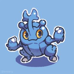 blue_background commentary english_commentary gen_2_pokemon heracross looking_at_viewer nintendo no_humans outline pokemon pokemon_(creature) simple_background smore_(smearg) solo white_outline