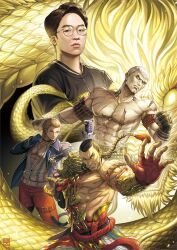 4boys armor black_gloves black_hair black_shirt blonde_hair blue_jacket box_(hotpppink) braid braided_ponytail bryan_fury dragon eastern_dragon feng_wei fingerless_gloves glasses gloves gold_skin jacket long_hair male_focus multiple_boys muscular muscular_male open_clothes open_shirt pants red_gloves red_pants round_eyewear scar scar_on_chest shirt short_hair shoulder_armor steve_fox tattoo tekken tekken_8 topless_female topless_male upper_body white_hair white_shirt
