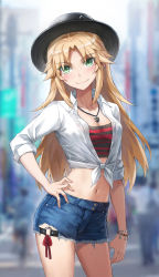 1girl black_hat blonde_hair blue_shorts blush breasts closed_mouth collarbone collared_shirt cutoffs denim denim_shorts dress_shirt fate/apocrypha fate_(series) green_eyes hair_down hat highres jewelry long_hair long_sleeves looking_at_viewer midriff mordred_(fate) mordred_(fate/apocrypha) navel necklace parted_bangs revision shirt short_shorts shorts sidelocks small_breasts smile solo tied_shirt tonee white_shirt