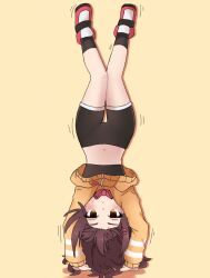 1girl bike_shorts black_bra black_shorts black_socks bow bowtie bra brown_eyes brown_hair closed_mouth commentary english_commentary full_body handstand highres jacket koonowen long_hair long_sleeves looking_at_viewer midriff navel orange_jacket original red_bow red_bowtie short_shorts shorts simple_background socks solo underwear upside-down yellow_background