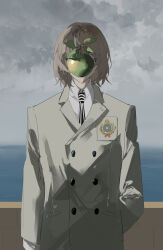 1boy akechi_gorou apple arm_behind_back black_necktie brown_hair brown_jacket buttons chinese_commentary commentary_request facing_viewer fine_art_parody food fruit grey_sky highres jacket male_focus necktie ocean outdoors parody persona persona_4 r5_(yexinr5) shirt sky solo striped_necktie the_son_of_man_(magritte) upper_body white_necktie white_shirt