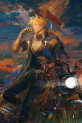 1boy absurdres animal_ear_fluff animal_ears arknights black_jacket black_scarf black_vest blonde_hair blue_cape cape cigarette cloud cloudy_sky collared_shirt daylightallure dusk feet_out_of_frame gauntlets highres holding holding_cigarette holding_sword holding_weapon horse_boy horse_ears jacket leaning_against_motorcycle long_hair male_focus mlynar_(arknights) mlynar_(w_dali)_(arknights) motor_vehicle motorcycle official_alternate_costume open_clothes open_jacket outdoors parted_lips rain scarf shirt signpost sky smoking solo sword vest weapon white_shirt yellow_eyes