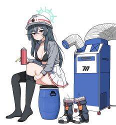1girl air_conditioner barrel black_bra black_hair blue_archive blue_boots boots bra breasts cleavage closed_mouth clothes_pull cocktiel77 collarbone feet full_body fur-trimmed_boots fur_trim grey_eyes grey_halo halo hard_hat hat helmet holding holding_thermos jacket legs long_hair long_sleeves medium_breasts minori_(blue_archive) no_shoes open_clothes pantyhose pantyhose_pull pleated_skirt red_winter_federal_academy_logo removing_legwear shirt shoes simple_background sitting skirt solo sweat thermos toes underwear unworn_shoes white_background white_hat white_helmet white_shirt white_skirt