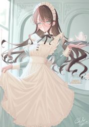 Rule 34 | 1girl, apron, blue eyes, blush, breasts, brown-framed eyewear, brown hair, closed mouth, commentary request, cup, flower, frilled apron, frills, glasses, hair between eyes, highres, holding, holding tray, juliet sleeves, long hair, long sleeves, looking at viewer, maid, maid apron, maid headdress, medium breasts, original, puffy sleeves, rose, round eyewear, sakura shiho, signature, smile, solo, teacup, teapot, tray, very long hair, white flower, white rose