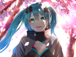 1girl absurdres aqua_eyes aqua_hair batsu_miku blush cherry_blossoms deito grey_jacket hair_between_eyes hair_ornament hands_on_own_chest hatsune_miku highres jacket kowareta_sekai_to_utaenai_miku long_hair long_sleeves official_alternate_costume open_mouth project_sekai smile solo twintails upper_body very_long_hair vocaloid wide_sleeves x_hair_ornament