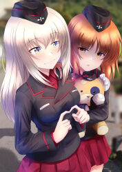 Rule 34 | 2girls, black headwear, black jacket, blue eyes, blurry, blurry background, boko (girls und panzer), closed mouth, commentary, day, dress shirt, frown, garrison cap, girls und panzer, glaring, grey hair, half-closed eyes, hand on another&#039;s shoulder, hat, highres, holding, holding stuffed toy, index fingers together, insignia, itsumi erika, jacket, kuromorimine military uniform, long sleeves, looking at viewer, medium hair, military hat, military uniform, miniskirt, multiple girls, nishizumi miho, open mouth, outdoors, pleated skirt, red shirt, red skirt, redbaron, shirt, short hair, skirt, standing, stuffed toy, twitter username, wing collar