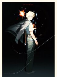 1boy bakugou_katsuki belt black_pants blonde_hair boku_no_hero_academia border closed_eyes commentary_request facial_scar floating_clothes full_body grey_jacket hair_between_eyes highres ika_zch jacket jacket_on_shoulders male_focus pants scar scar_on_cheek scar_on_face shirt shirt_tucked_in short_hair short_sleeves smile solo standing teeth twitter_username white_border white_shirt