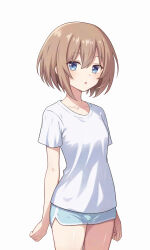 1girl alternate_costume aqua_shorts blanc_(neptunia) blue_eyes breasts brown_hair commentary_request cowboy_shot hair_between_eyes highres kawaruwaru light_blush looking_at_viewer neptune_(series) parted_lips shiny_skin shirt short_hair short_sleeves shorts simple_background small_breasts solo white_background white_shirt