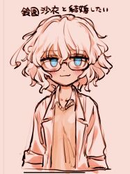1girl ahoge blue_eyes blush eisu_(eith) eyelashes glasses hair_between_eyes highres kagaku_chop lab_coat messy_hair monochrome short_hair simple_background spot_color suzuzono_sai sweater_vest translation_request
