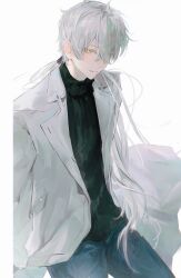 1boy absurdres alternate_costume black_shirt blue_pants colored_eyelashes commentary cowboy_shot denim highres honseie jacket jeans long_hair looking_at_viewer male_focus pants punishing:_gray_raven shirt simple_background solo symbol-only_commentary turtleneck turtleneck_shirt wanshi_(pgr) white_background white_eyelashes white_hair white_jacket yellow_eyes