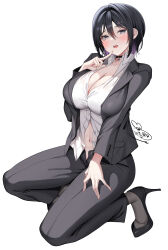 1girl black_choker black_hair black_jacket black_pants blush breasts choker cleavage colored_inner_hair dress_shirt formal_clothes grey_eyes hair_between_eyes high_heels highres index_finger_raised jacket kneeling large_breasts long_sleeves looking_at_viewer multicolored_hair nao_asami official_art open_fly open_mouth pant_suit pants purple_hair sanshoku_amido shirt short_hair signature simple_background solo strategic_lovers suit sweat teeth unbuttoned unbuttoned_shirt upper_teeth_only white_background white_shirt