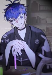 1boy black_choker black_kimono blue_eyes blue_hair choker earrings eyepatch haori hashtag-only_commentary highres holding holding_vial japanese_clothes jar jewelry jtgbaaa kimono looking_at_viewer male_focus omokage_yugamu ring shelf short_hair smile solo syringe table teeth the_hundred_line_-last_defense_academy- twitter_username upper_body vial