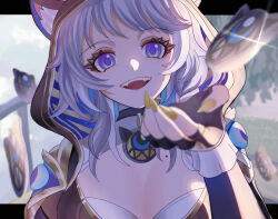 1girl absurdres animal_ear_fluff animal_ears animal_hood black_gloves blue_eyes breasts cat_ears cat_girl cat_hood cipher_(honkai:_star_rail) coin commentary_request fingerless_gloves gloves grey_hair highres honkai:_star_rail honkai_(series) hood looking_at_viewer mole mole_on_breast oekakidekinai1 open_mouth short_hair_with_long_locks solo teeth upper_body upper_teeth_only yellow_nails
