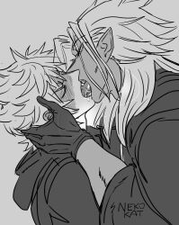 2boys black_coat_(kingdom_hearts) black_gloves blush breath closed_eyes couple dark-skinned_male dark_skin ear_blush french_kiss gloves greyscale hand_on_another&#039;s_head kingdom_hearts kingdom_hearts_ii kiss long_hair looking_at_another male_focus monochrome multiple_boys nekokat42 open_mouth organization_xiii pointy_ears roxas saliva saliva_trail short_hair signature spiked_hair sweat tongue tongue_out v-shaped_eyebrows xemnas yaoi