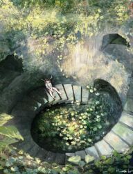 1girl artist_name barefoot black_hair brown_hair flower from_above green_theme highres horns leaf lily_pad looking_up moss nao1524 nature original outdoors overgrown plant ruins scenery shirt short_sleeves sitting solo stairs tree v_arms water waterfall white_shirt wide_shot