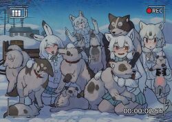 4girls :3 absurdres animal animal_ears animal_on_head arctic_fox_(kemono_friends) arctic_hare_(kemono_friends) arctic_wolf_(kemono_friends) bear_ears bear_girl black_hair blue_skirt blush brown_eyes capelet closed_eyes coat collar dog dog_on_head dog_sled elbow_gloves extra_ears fangs fox_ears fox_girl fox_tail fur_collar fur_trim gloves grey_jacket grey_shirt hair_between_eyes highres holding holding_animal igarashi_(nogiheta) jacket kemono_friends kneeling long_hair long_sleeves midriff multicolored_hair multiple_girls navel on_head open_clothes open_jacket open_mouth orange_eyes pantyhose polar_bear_(kemono_friends) rabbit_ears rabbit_girl shirt short_hair skirt snow sweatdrop tail two-tone_hair viewfinder white_capelet white_coat white_fur white_gloves white_hair white_pantyhose white_shirt white_skirt winter_clothes winter_coat wolf_ears wolf_girl
