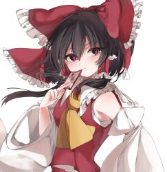 Rule 34 | 1girl, absurdres, ascot, between fingers, bow, brown hair, closed mouth, commentary request, detached sleeves, frilled bow, frilled hair tubes, frills, hair bow, hair tubes, hakurei reimu, hayuk0, highres, holding, long hair, ofuda, ofuda between fingers, red bow, red eyes, red skirt, simple background, skirt, skirt set, solo, touhou, white background, yellow ascot, yin yang, yin yang print
