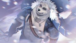 1boy abs animal_ears another_eidos-r bara bear_boy bear_ears blizzard brown_gloves chest_hair closed_mouth commentary cross_scar english_commentary facial_scar fur-trimmed_jacket fur_trim furry furry_male gloves highres holding holding_staff jacket jacket_on_shoulders jewelry male_focus muscular muscular_male navel necklace nipples open_clothes open_jacket open_shirt pectorals poncho_(boarpunch) scar scar_across_eye scar_on_cheek scar_on_face sigvaldi_(another_eidos) snow snowing staff