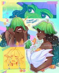 1girl aqua_hair artist_name beak bird black_hair brown_eyes dark-skinned_female dark_skin english_text gradient_hair green_hat hat highres long_hair luztapiaart multicolored_hair multiple_views original swan two-tone_hair victoria_(luztapiaart) watermark