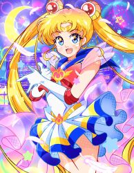 1girl bishoujo_senshi_sailor_moon blonde_hair blue_eyes blue_sailor_collar bow brooch choker commentary double_bun elbow_gloves english_commentary gloves hair_bun hair_ornament happynaru23 heart heart_brooch heart_choker highres jewelry long_hair magical_girl multicolored_skirt red_bow sailor_collar sailor_moon sailor_senshi_uniform skirt smile solo super_sailor_moon tsukino_usagi twintails white_gloves