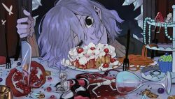 1boy 1girl alcohol androgynous ant black_eyes blue_eyes braid braided_ponytail braided_ponytail_lamia_(dungeon_meshi) broken_glass bug butterfly cake chalice cherry closed_eyes coin come_(comekami53) cup cupcake curtains drawing_mannequin dress drinking_glass dry_lips dungeon_meshi elf empty_eyes facing_viewer food fork fruit genoge_(nakiso) glass gold_coin highres holding holding_knife holding_plate insect jewelry knife lamia lazy_eye mithrun monster_girl necklace notched_ear parody pasta pearl_necklace plate pointy_ears pomegranate ring sleeveless sleeveless_dress spaghetti strawberry treasure_bug_(dungeon_meshi) turtleneck whipped_cream white_dress white_hair wine wine_glass