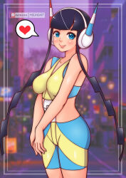Rule 34 | 1girl, absurdres, black hair, blue eyes, blue shorts, blush, breasts, building, collarbone, creatures (company), elesa (pokemon), game freak, headphones, heart, highres, lamppost, large breasts, looking at viewer, midriff, misune art, nintendo, pavement, pokemon, pokemon bw2, purple sky, road, shirt, short hair, shorts, sidelocks, sky, sleeveless, sleeveless shirt, smile, speech bubble, spoken heart, standing, sunset, tree, yellow shirt
