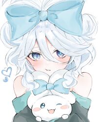 1girl :3 alternate_hairstyle aqua_eyes bare_shoulders blue_bow blue_eyes blush blush_stickers bow cinnamoroll creature crossover furina_(genshin_impact) fuwa_fuwa_cinnamoroll genshin_impact h_09ii hair_bow heart heterochromia highres looking_at_viewer one_eye_closed open_mouth sanrio simple_background smile white_background white_hair