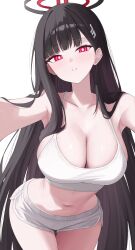 1girl absurdly_long_hair absurdres black_hair black_halo blue_archive blush breasts cleavage collarbone commentary dolphin_shorts hair_ornament hairclip halo highres large_breasts long_hair looking_at_viewer midriff navel outstretched_arms parted_lips red_eyes rio_(blue_archive) sei_(0724sei6) shorts simple_background solo sports_bra stomach thighs very_long_hair white_background white_shorts white_sports_bra