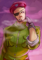 Rule 34 | 1boy, beard, beret, cigarette, dilaih, eyepatch, facial hair, gates (seihou), gloves, gradient background, hat, male focus, military, seihou, smoking, solo