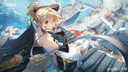 1girl absurdres ahoge alchemy_stars architecture armor back bare_shoulders bird black_bow black_choker black_gloves blonde_hair boat boots bow cat character_request chinese_commentary choker chopsticks chopsticks_in_mouth closed_mouth commentary_request copyright_name day dress east_asian_architecture elbow_gloves eyelashes fingerless_gloves flower_knot from_side full_body gloves hair_between_eyes hair_bow hair_ornament heichuan_qianshi highres holding holding_chopsticks jewelry kitten knee_boots lantern layered_sleeves long_hair ocean official_art on_roof outdoors paper_lantern people pier ponytail ring sailboat seagull short_dress shoulder_blades sitting sitting_on_roof smile solo sparkle strapless strapless_dress tabby_cat tassel watercraft watermark weibo_watermark white_boots white_dress wing_hair_ornament yellow_eyes