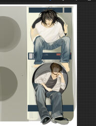 2boys bags_under_eyes black_hair brown_hair death_note hair_between_eyes highres jacket l_(death_note) long_sleeves male_focus multiple_boys pants sanpaku shirt short_hair tay_(exllpsz) white_shirt yagami_light