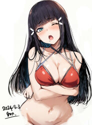1girl bikini bikini_top_only black_hair blunt_bangs blush bottomless breasts cleavage collarbone dated gengoroh green_eyes hair_ornament highres kurosawa_dia long_hair looking_at_viewer love_live! love_live!_sunshine!! medium_breasts navel one_eye_closed open_mouth red_bikini solo swimsuit white_background