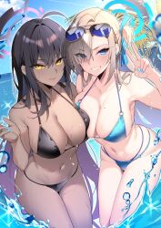 Rule 34 | 2girls, absurdres, aosaki yukina, asuna (blue archive), bikini, black bikini, black hair, blonde hair, blue archive, blue bikini, blue eyes, blush, breasts, dark-skinned female, dark skin, grin, hair over one eye, hair ribbon, halo, highres, karin (blue archive), large breasts, long hair, looking at viewer, multiple girls, ribbon, smile, swimsuit, very long hair, yellow eyes