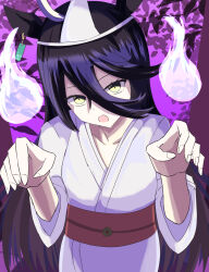 Rule 34 | 1girl, ahoge, animal ears, black hair, brown sash, ear ornament, ear tag, earrings, ghost, ghost costume, ghost pose, hair between eyes, hands up, highres, hitodama, horse ears, horse girl, japanese clothes, jewelry, kimono, long hair, long hair between eyes, long sleeves, manhattan cafe (umamusume), multicolored hair, obi, okunen okigasa, open mouth, sash, single earring, solo, tree, triangular headpiece, umamusume, very long hair, white hair, white kimono, yellow eyes