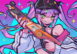 1girl absurdres colored_inner_hair commentary ear_piercing green_eyes hair_ornament hairclip hat highres hololive horns long_hair looking_at_viewer multicolored_hair piercing pink_hair purple_hair shirt signal_(eriasignal) smile solo streaked_hair tokoyami_towa twintails virtual_youtuber