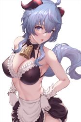 Rule 34 | 1girl, bad id, bad twitter id, bell, bikini, blue hair, blush, bow, bowtie, breasts, choker, clothes lift, commentary request, covered erect nipples, cowboy shot, edogawa roman, ganyu (genshin impact), genshin impact, gloves, hair between eyes, horns, large breasts, lifting own clothes, long hair, looking at viewer, maid, maid bikini, maid headdress, neck bell, open mouth, simple background, skirt, skirt lift, solo, swimsuit, tongue, unconventional maid, white background