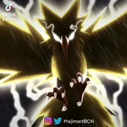 animal_focus animated artist_name audible_music backlighting bird black_sky blank_eyes claws creatures_(company) electricity flying game_freak gen_1_pokemon glowing glowing_eyes instagram_logo instagram_username legendary_pokemon lightning looking_at_viewer majimartbcn making-of night nintendo no_humans outdoors pokemon pokemon_(creature) rain sky solo sound spread_wings tagme tiktok_logo tiktok_username twitter_logo twitter_username video watermark white_eyes zapdos