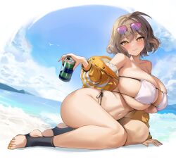 1girl absurdres anis_(nikke) anis_(sparkling_summer)_(nikke) bare_shoulders bikini blush breasts brown_hair can closed_mouth eyewear_on_head full_body goddess_of_victory:_nikke hido_(cherryhido) highres holding holding_can jacket large_breasts long_sleeves navel official_alternate_costume outdoors short_hair side-tie_bikini_bottom skindentation smile solo sunglasses swimsuit thick_thighs thighs underboob water yellow_eyes yellow_jacket