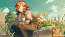 absurdres bird blonde_hair braid button_up_skirt chicken closed_mouth food fruit gloves harvin headscarf highres jewelry long_hair necklace pg_(pgouwoderen) print_scarf red_headscarf reverse:1999 scarf shirt smile vila_(reverse:1999) white_shirt