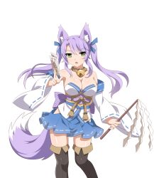 animal_ears bell fox_ears fox_miko_(sakura_dungeon) fox_tail green_eyes highres long_sleeves neck_bell nontraditional_miko official_art purple_hair sakura_dungeon sprite tail talisman thighhighs twintails wanaca