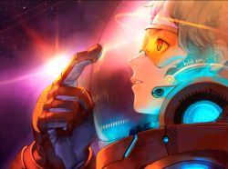 Rule 34 | androgynous, astronaut, bad id, bad pixiv id, brown hair, cropped, gender request, gloves, gradient background, helmet, highres, marvella aurelie, original, patipat asavasena, science fiction, short hair, solo, space, spacesuit, star (sky), upper body