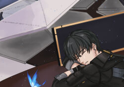 1255118553 1boy 1girl absurdres bandaged_arm bandaged_hand bandages black_gloves black_hair black_jacket blue_butterfly bug butterfly commentary gloves highres insect jacket male_rover_(wuthering_waves) rover_(wuthering_waves) shorekeeper_(wuthering_waves) sleeping sleeping_on_desk transformation wuthering_waves